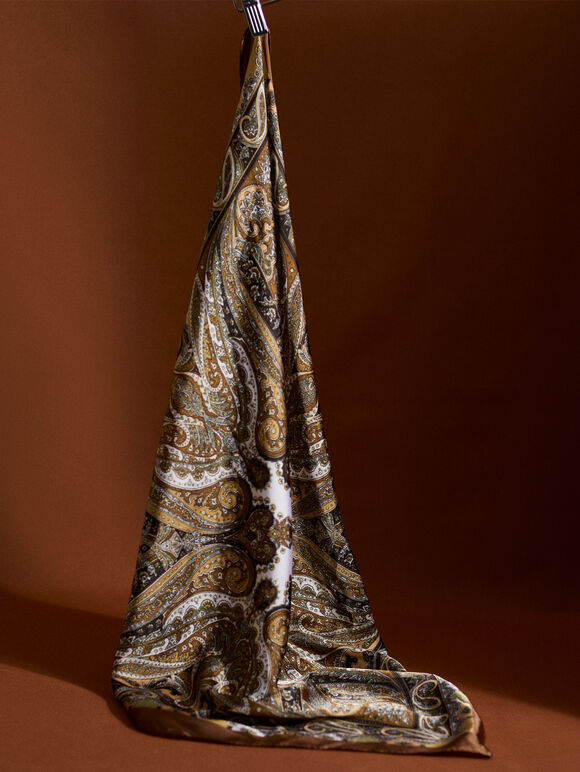 Printed Satin Scarf, Brown, large