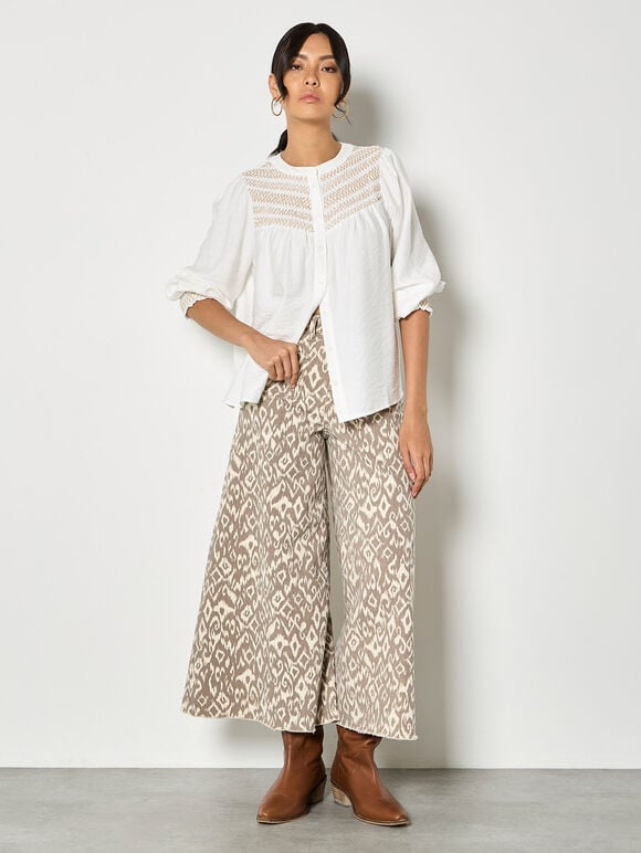 Wavy Embroidered Smocked Blouse, White, large