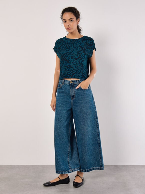 Mixed Animal Textured Cropped T-Shirt, Teal, large