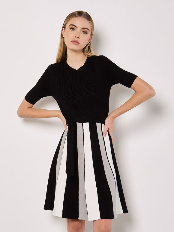 Monochrome Stripe Knitted Mini Dress, Black, large