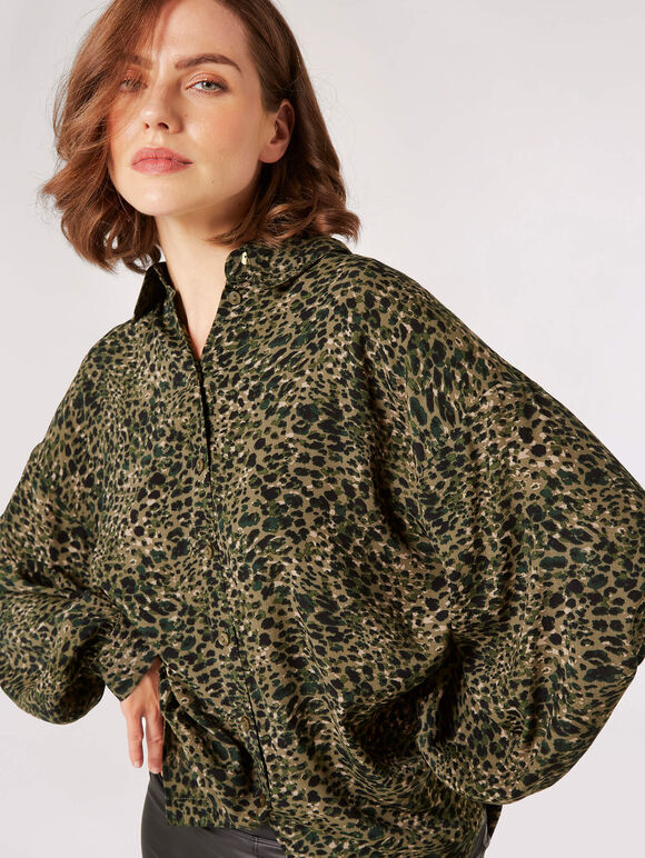 Oversized Animal Print Shirt, Khaki, large