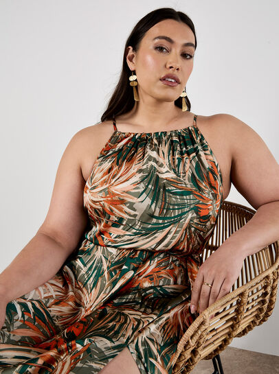 Tropical Leaf Satin Midi Dress