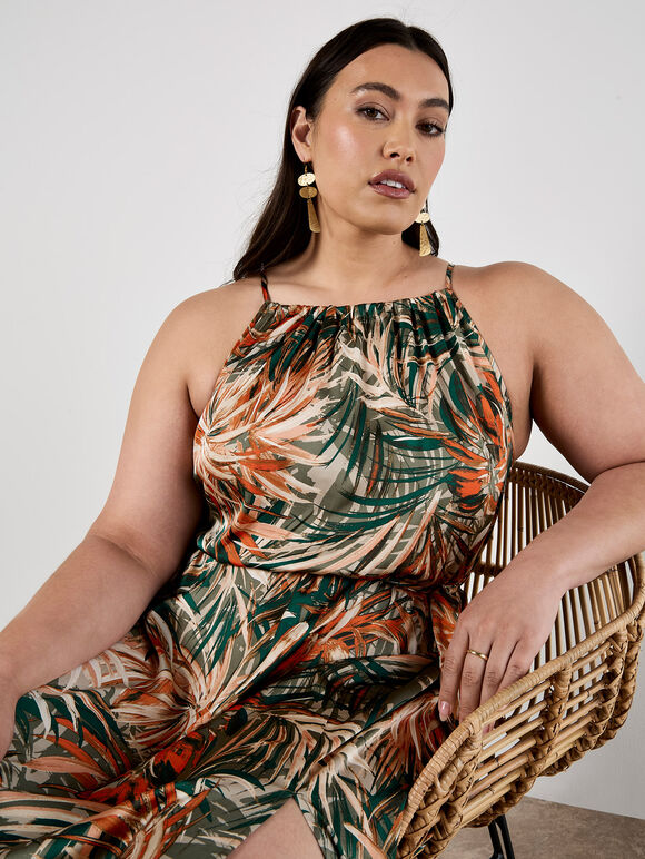 Tropical Leaf Satin Maxi Dress, Khaki, large