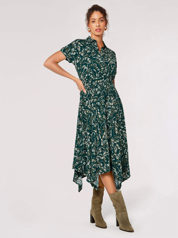 Abstract Print Shirt Midi Dress, Green, large