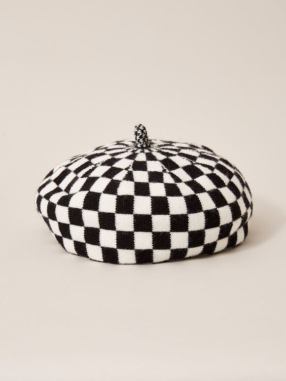 Checkered Beret Hat, Black, large