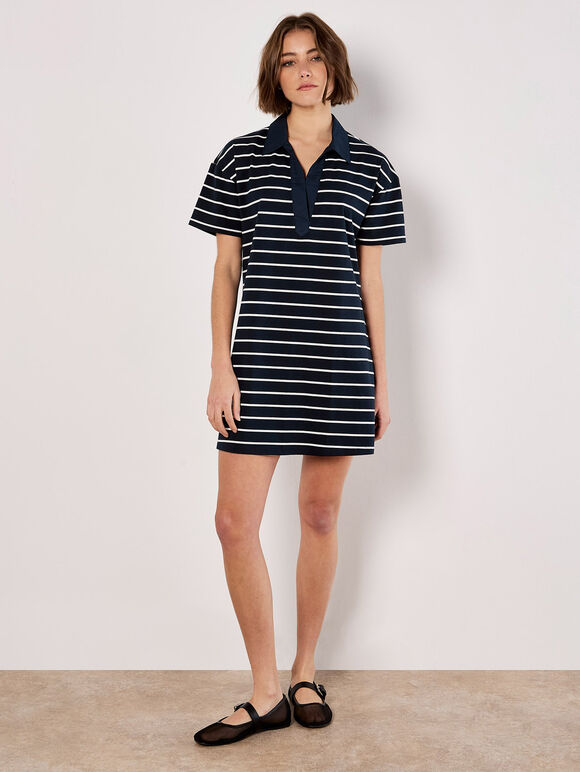 Cotton Stripe Polo Mini Dress, Navy, large
