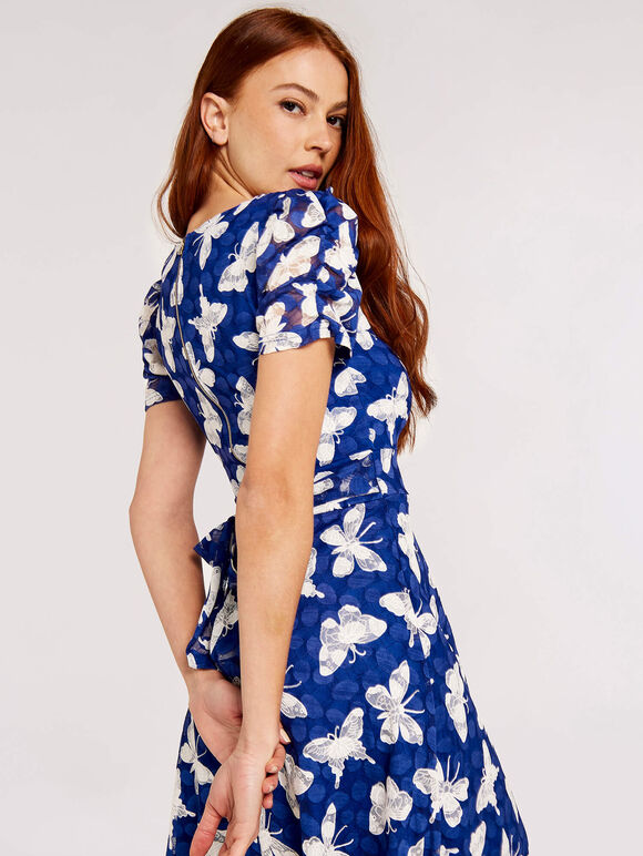 Butterfly Ruch Sleeve Dress, Blue, large