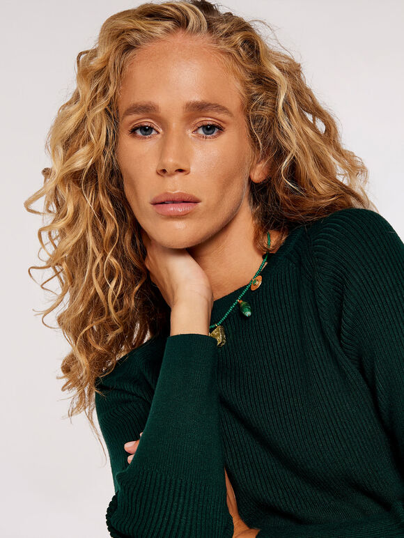 Ribbed Knit Cropped Top, Green, large