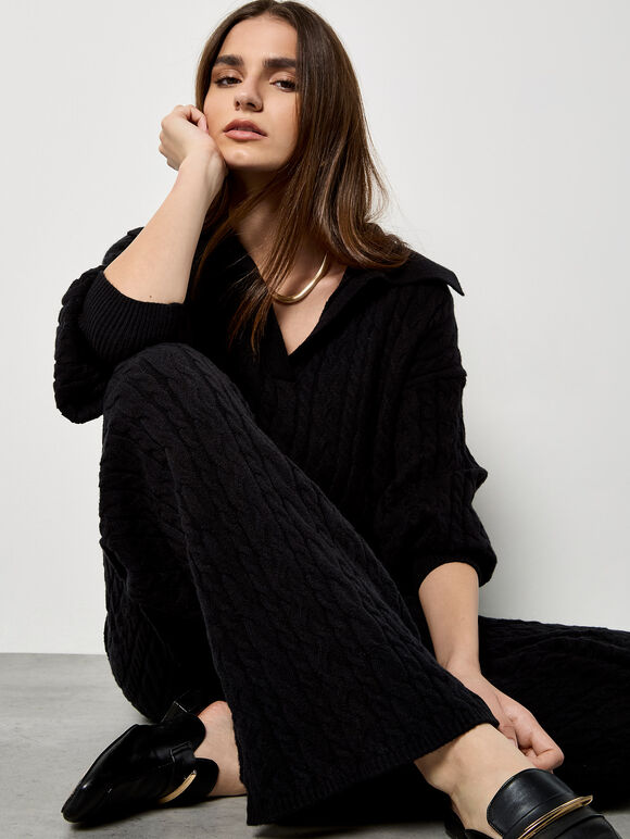 Twisted Cable Knit Wide Leg Trousers, Black, large