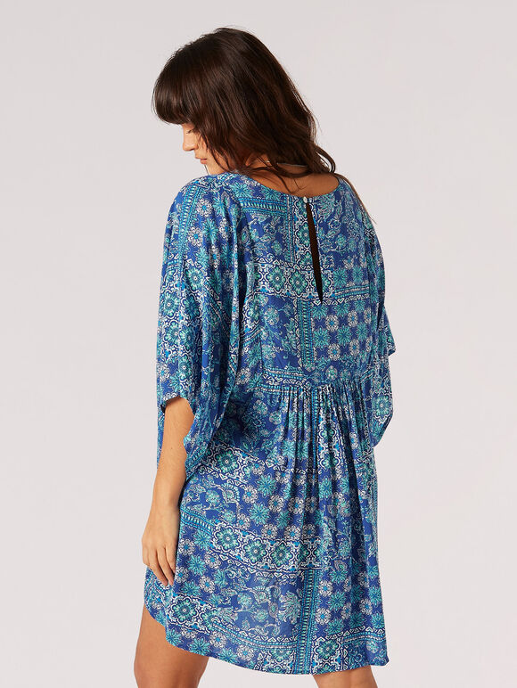 Patchwork Kaftan Mini Dress, Blue, large