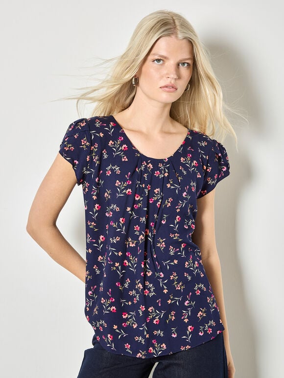 Ditsy Floral Lightweight Top, Navy, large