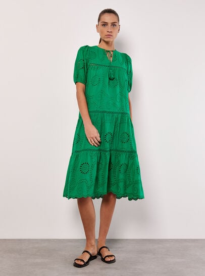 Cotton Broderie Tiered Midi Dress