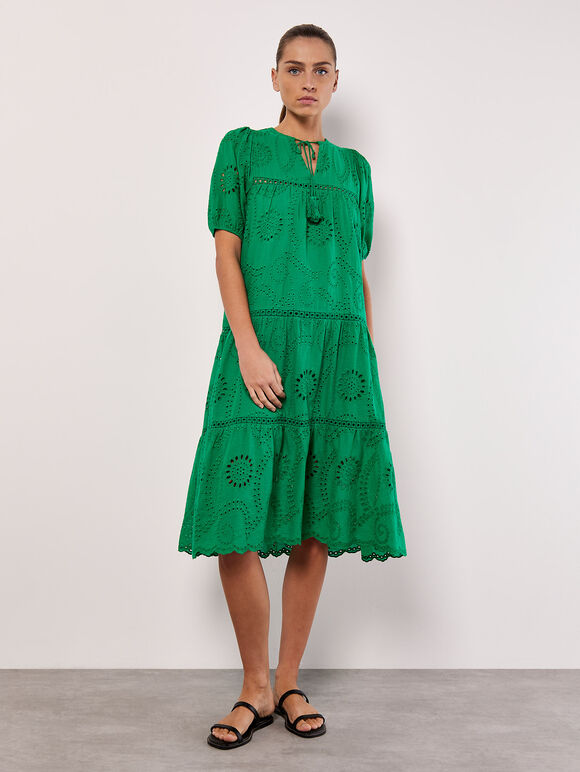 Cotton Broderie Tiered Midi Dress, Green, large