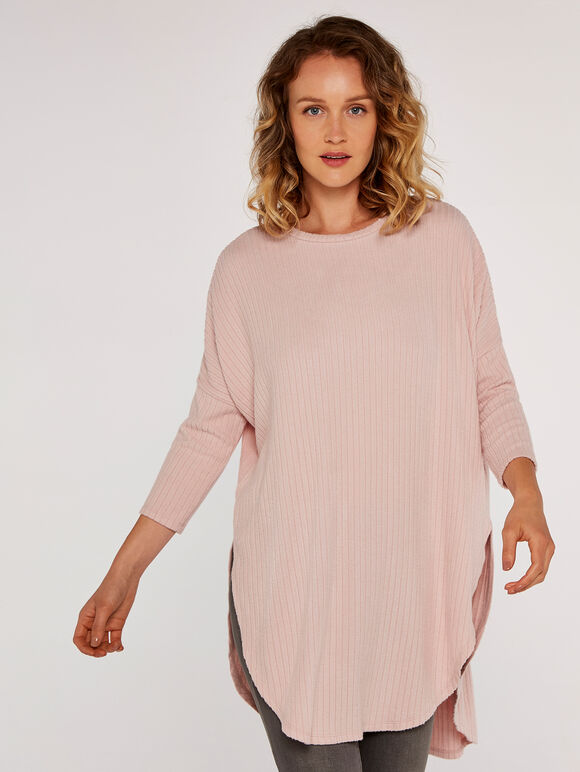 Ribbed Curved Hem Top, Pink, large