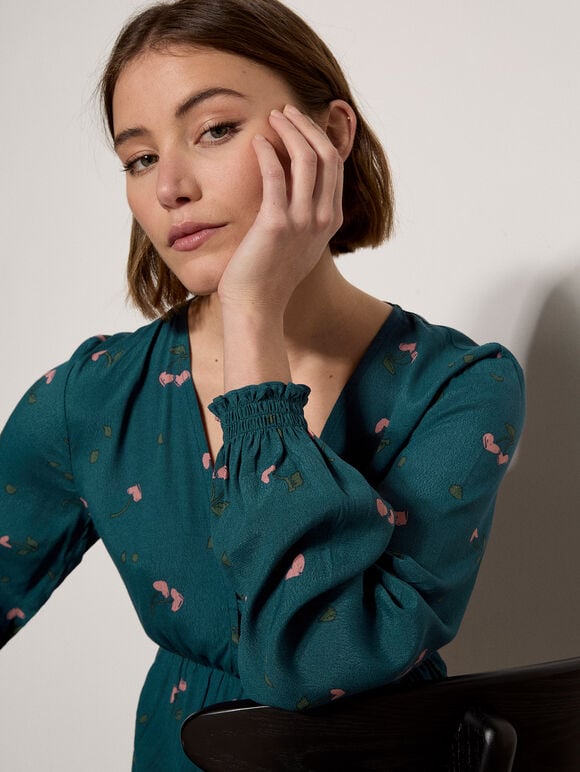 Cherry Print Crepe Mini Dress, Teal, large
