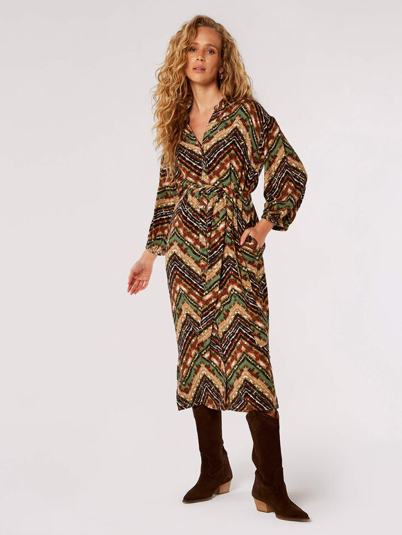Chevron Shirt Midi Dress, Brown, large