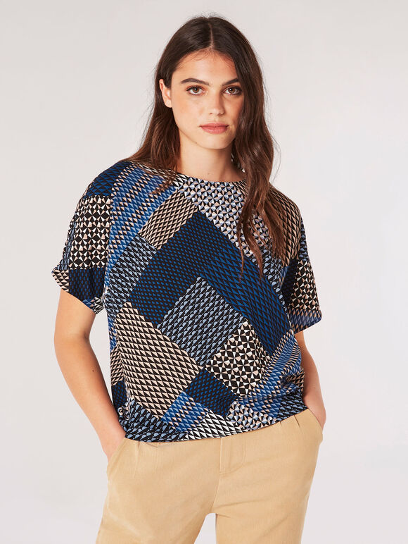 Strukturiertes T-Shirt mit geometrischem Patchwork, Marineblau, Größe L