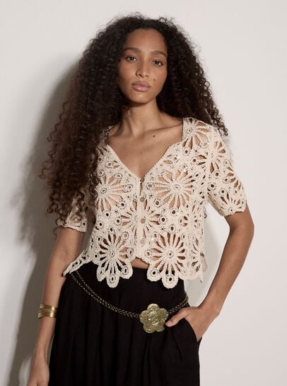 Floral Sequin Cotton Crochet Cardigan
