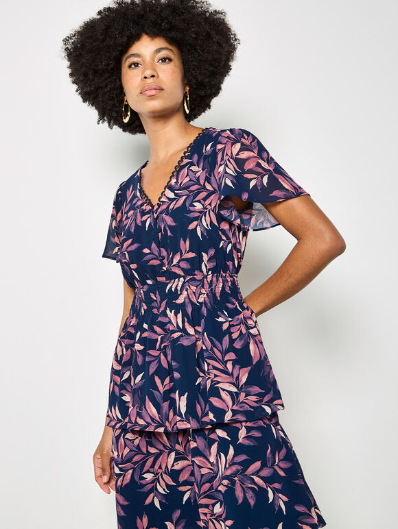 Watercolour Leaves Chiffon Tiered Maxi Dress, Navy, large