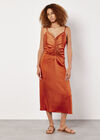 Ruched Satin A-Line Midi Dress, Orange, large