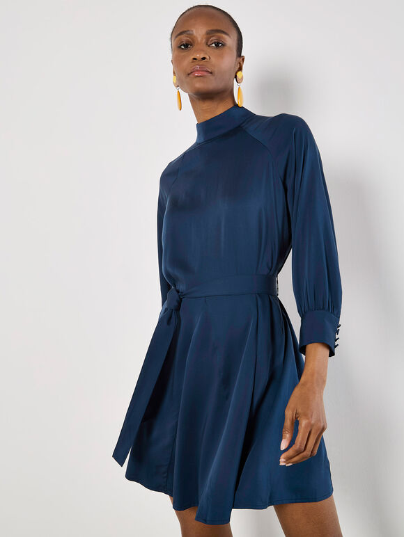 Mock Neck Swing Mini Dress, Navy, large