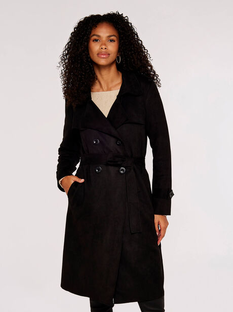 Double-Breasted Suede Belted Trench Coat