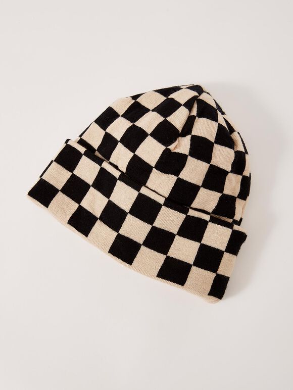 Checkered Beanie Hat, Stone, large