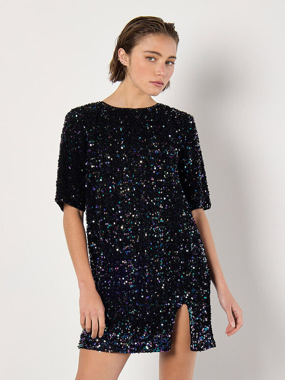 Velvet Sequin V-Back Mini Dress, Black, large