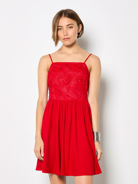 Eyelash Embroidered Cami Mini Dress, Red, large