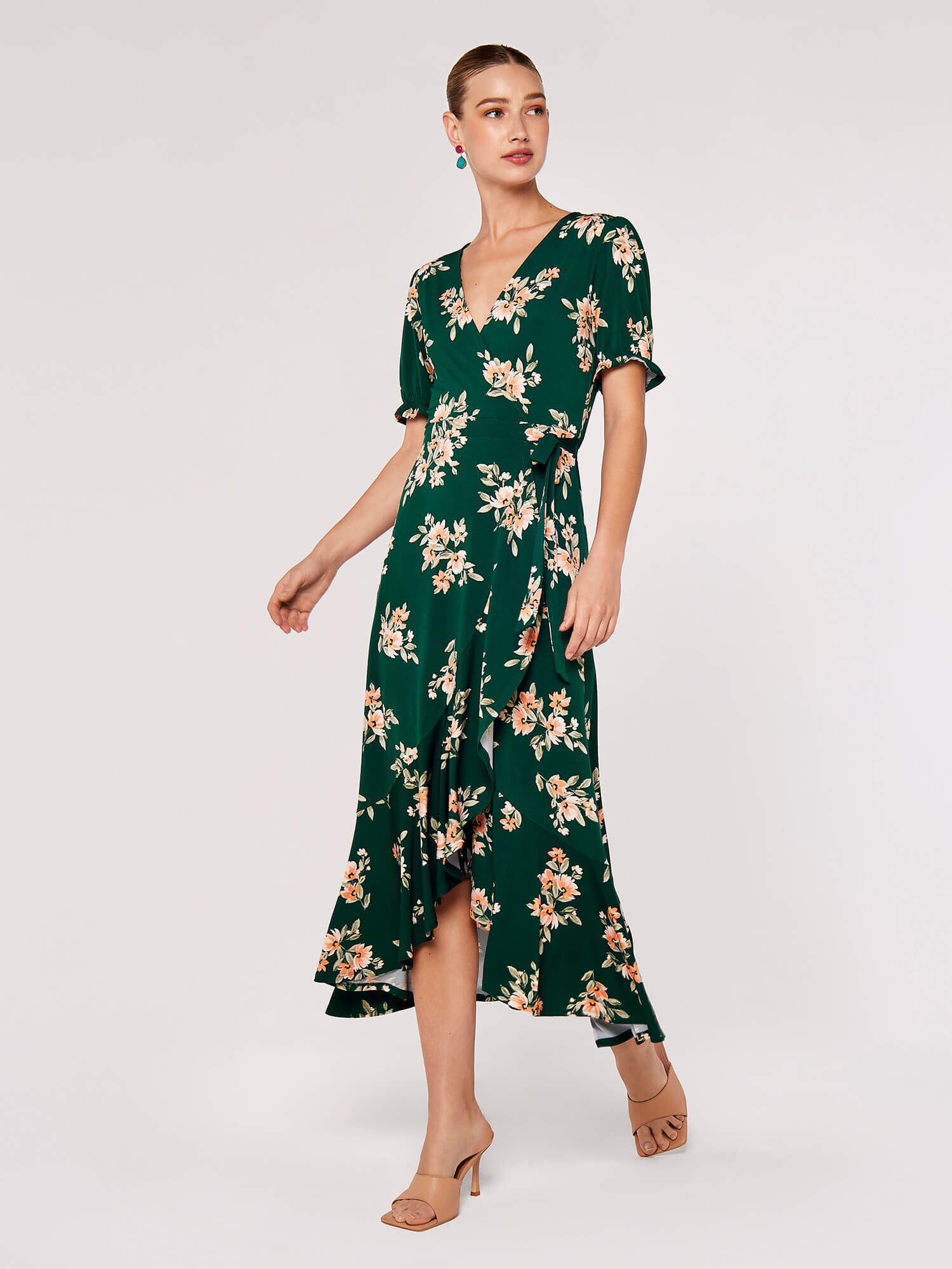 Green floral wrap midi dress outlet