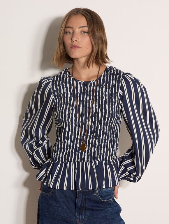 Shirred Bodice Stripe Top, Navy, large