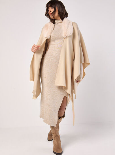 Faux Fur Collar Poncho