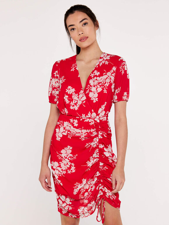 Floral Ruched Front Dress, Red, large