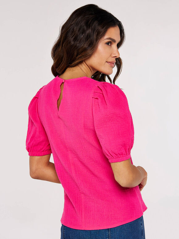 Textured Cotton Puff Sleeve T-Shirt, Fuchsia, large