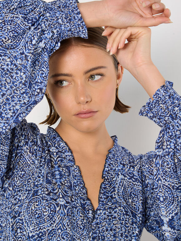 Batik Print Tiered Mini Dress, Navy, large