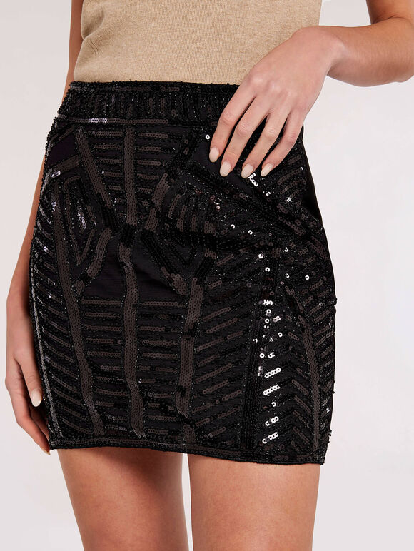 Sequin Bead Placement Skirt, Black, large