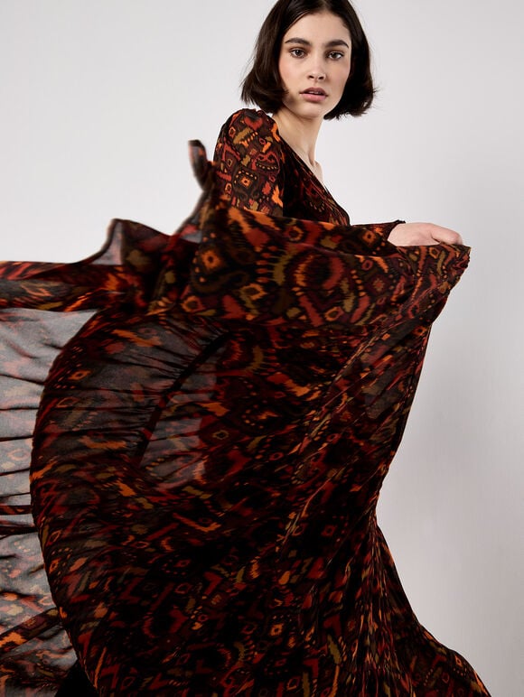 Ikat Chiffon Tiered Maxi Dress, Burgundy, large