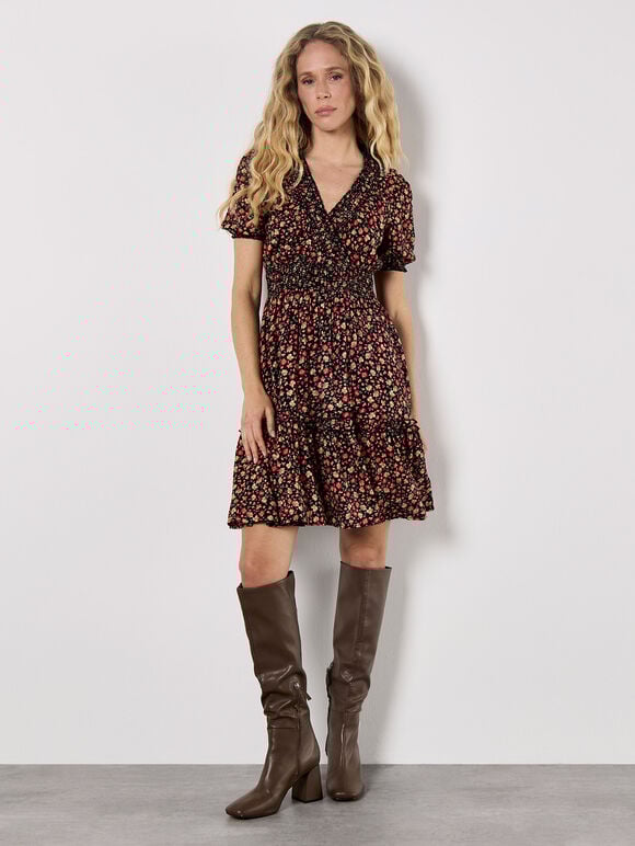 Ditsy Floral Smocked Mini Dress, Orange, large