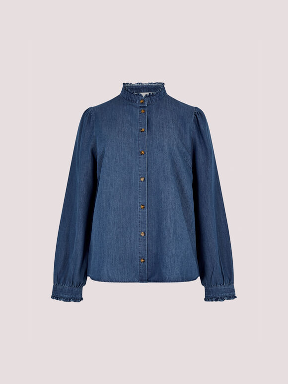 Ruffle Detail Denim Shirt, Blue, large