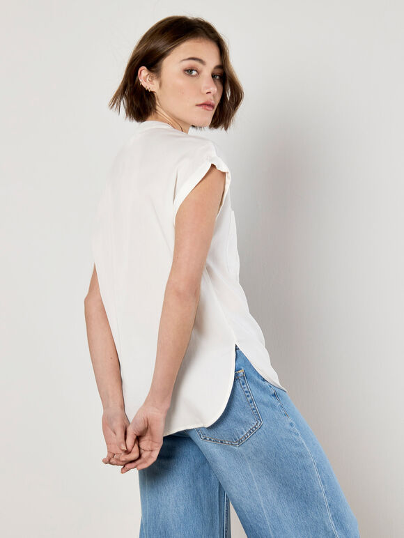 Zip Front Patch Pocket Top, Cream, large