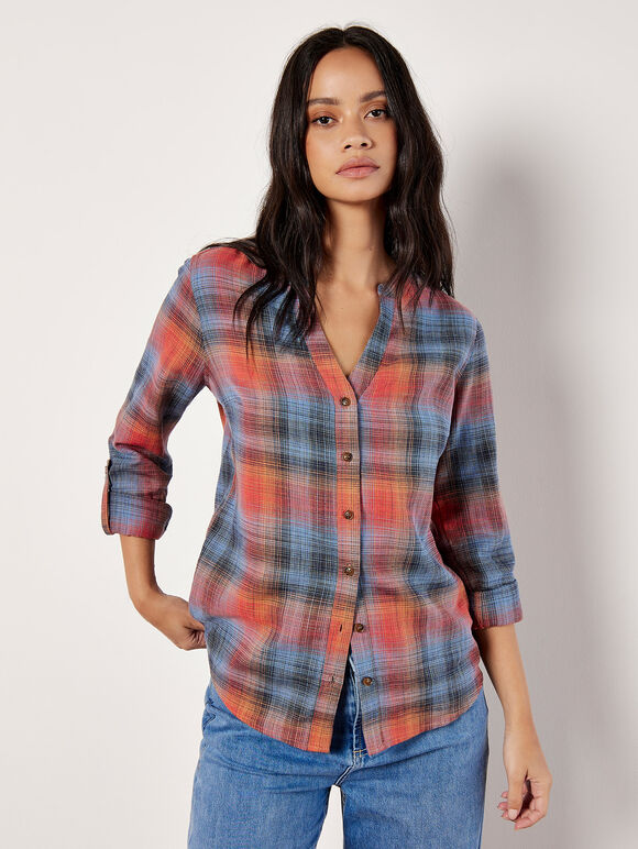 Grandad Collar Check Shirt, Blue, large