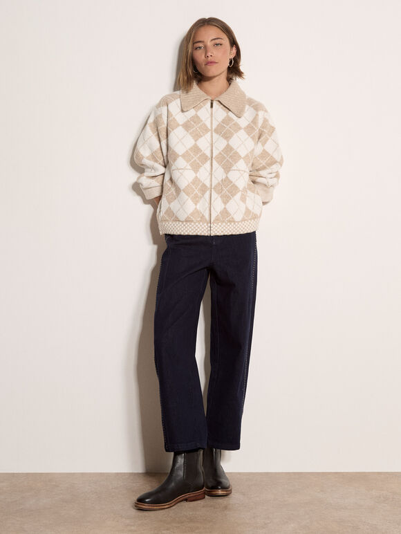 Argyle Zip Cardigan, Cream, large