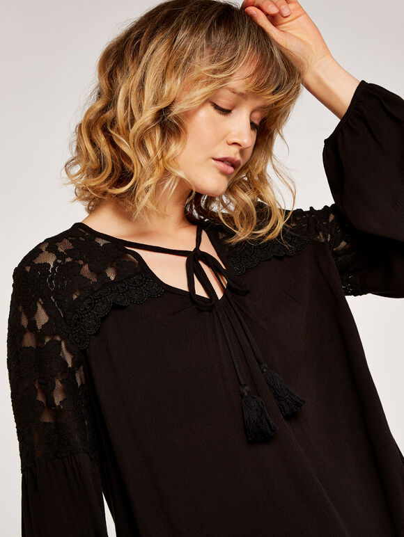Lace Shoulder Tassel Top, Black, large