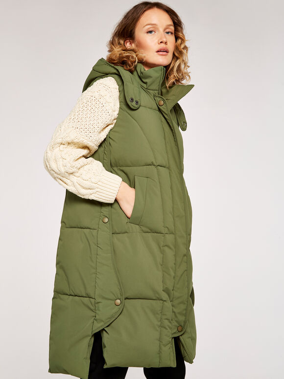 Button Longline Puffer Gilet, Khaki, large