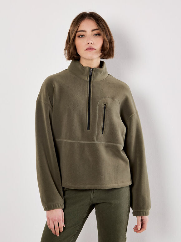 Zip Down Premium Fleece Jumper, Khaki, large