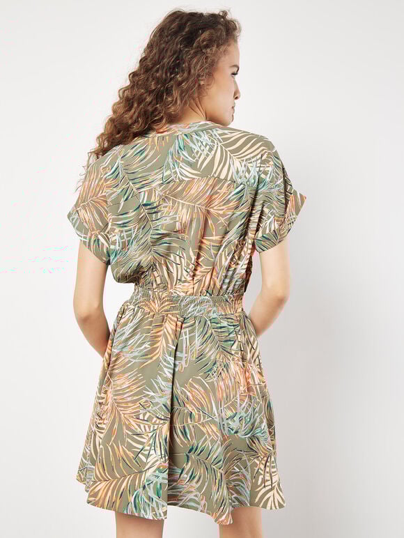 Tropical Leaf Print Smocked Mini Dress, Khaki, large