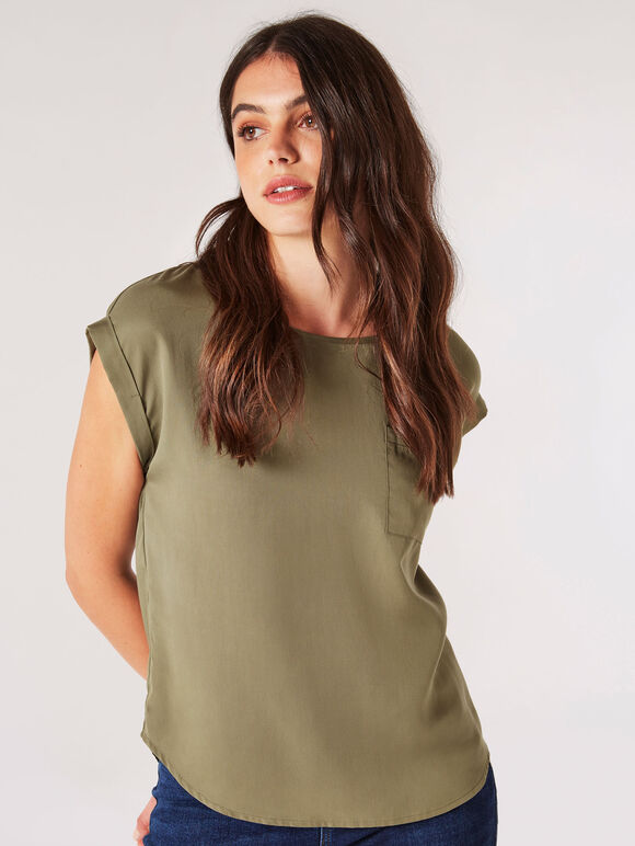 T-Shirt mit Knopfleiste hinten, Khaki, groß