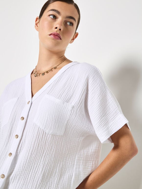 Textured V-Neck Blouse, White, large