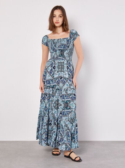 Milchmädchen-Maxikleid mit Schal-Print