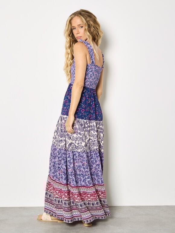 Patchwork Floral Paisley Maxi Dress, Purple, large
